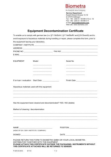 Download Equipment Decontamination Certificate