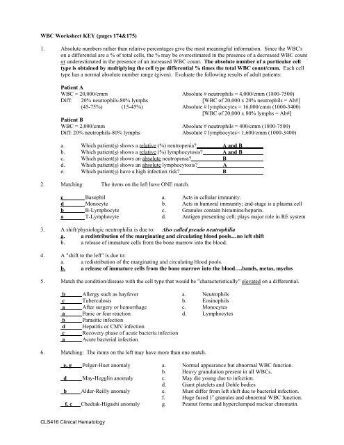 WBC Worksheet KEY (pages 174&175;) 1. Absolute ... - UNMC