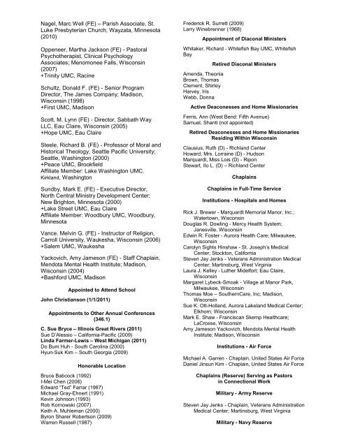 Wisconsin Annual Conference Clergy Appointments 2011-2012