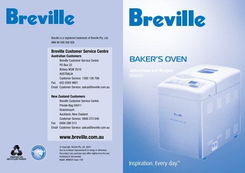 BAKER'S OVEN Instructions and Recipes - Breville