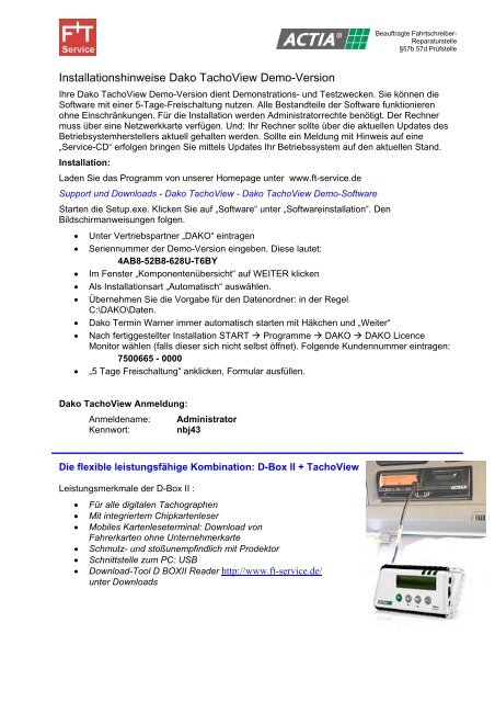 Installationshinweise Dako TachoView Demo-Version - F+T Service