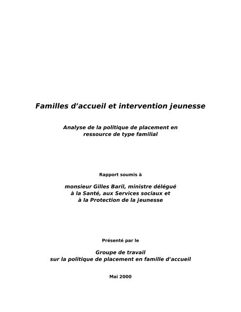 Familles d'accueil et intervention jeunesse - Rapport du Groupe de ...