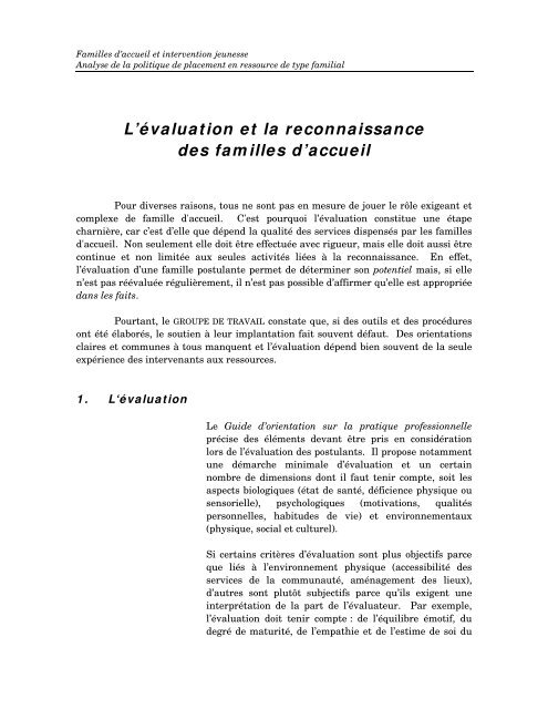 Familles d'accueil et intervention jeunesse - Rapport du Groupe de ...