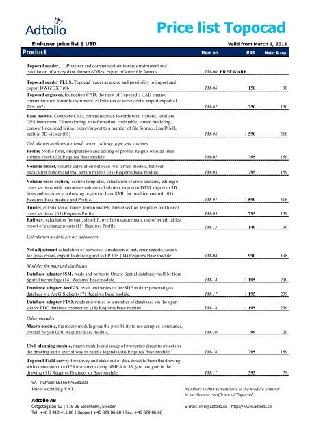 Price list Topocad - Adtollo