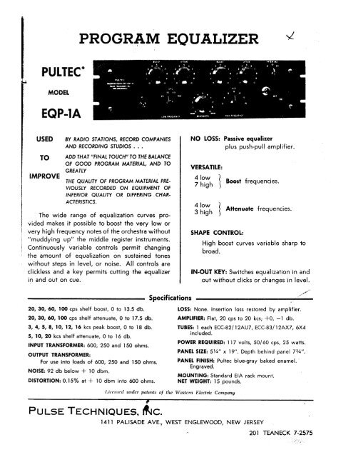 Pultec EQP-1A Manual
