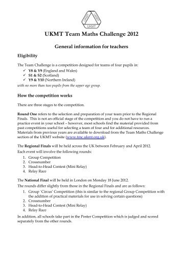 UKMT Team Maths Challenge 2012 General information for teachers
