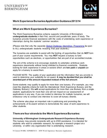 Work Experience Bursaries application guidance (PDF - 170KB)
