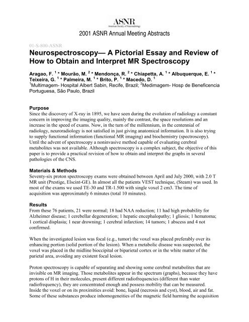 Neurospectroscopy— A Pictorial Essay and Review ... - For Members