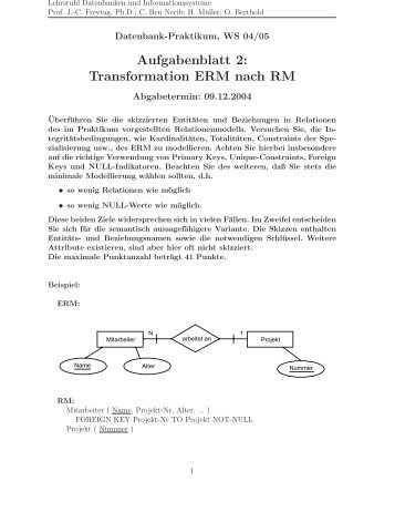 Aufgabenblatt 2: Transformation ERM nach RM - dbis