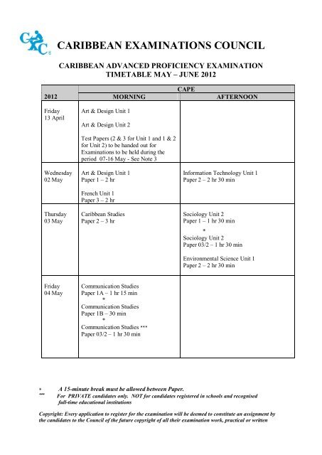 Cape Time Table 2012 - Caribbean Examinations Council
