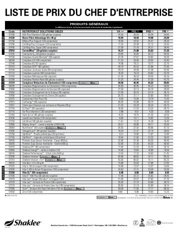 LISTE DE PRIx DU ChEf D'ENTREPRISE - Shaklee