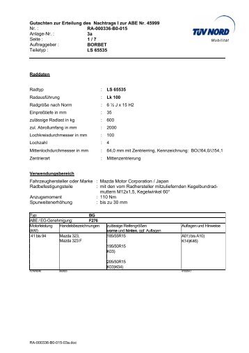 Gutachten zur Erteilung des Nachtrags I zur ABE ... - onlineraeder.de