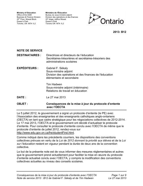 ConsÃ©quences de la mise Ã  jour du protocole d'entente ... - Ontario.ca