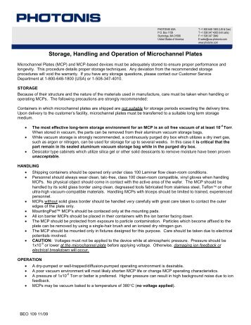 Storage, Handling and Operation of Microchannel Plates - Photonis