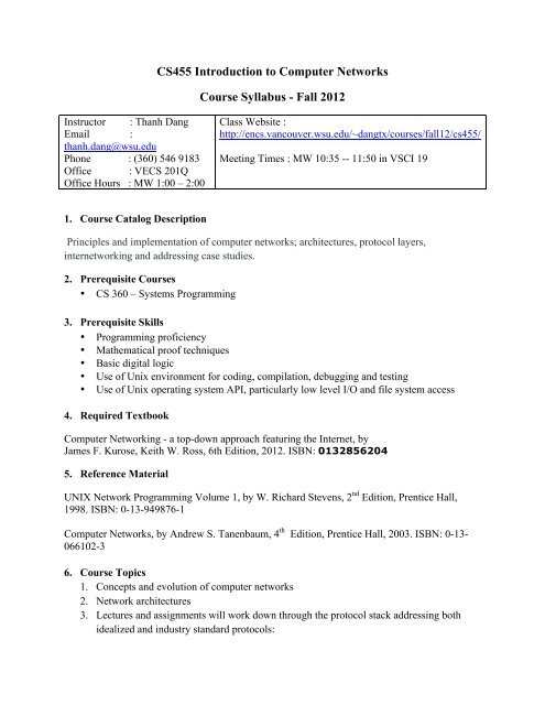 CS455 Introduction to Computer Networks Course Syllabus - Fall 2012