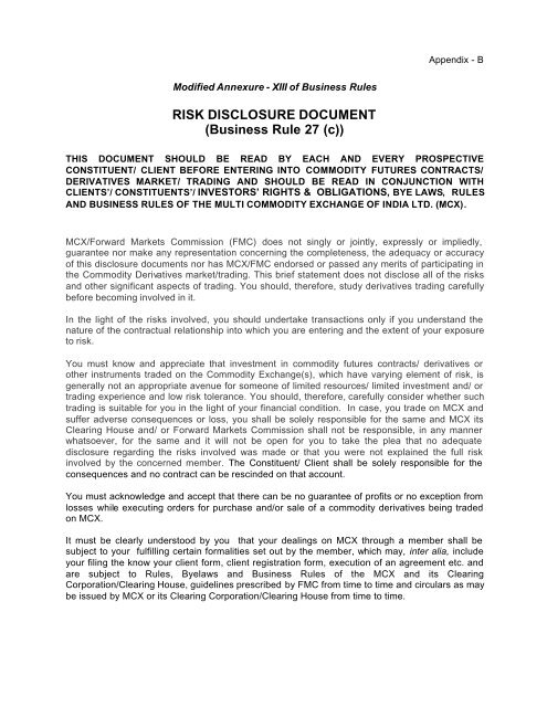 RISK DISCLOSURE DOCUMENT (Business Rule 27 (c)) - MCX