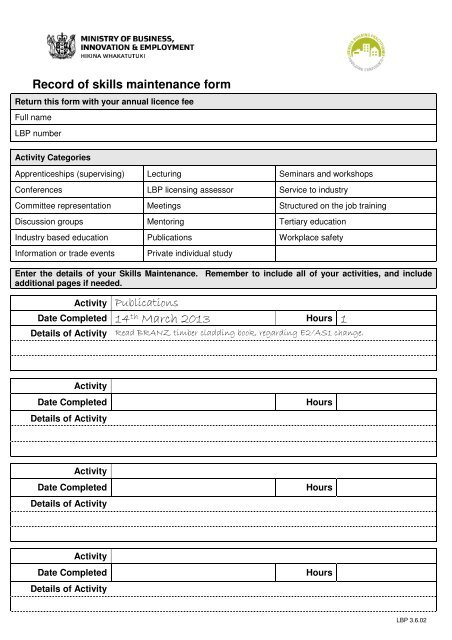 Record of skills maintenance form - Business.govt.nz