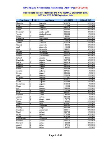 NYC REMAC Credentialed Paramedics (AEMT-Ps) (11/01/2010 ...