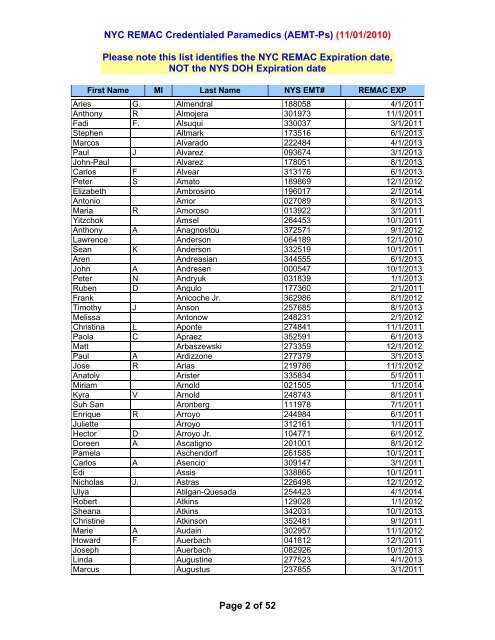 NYC REMAC Credentialed Paramedics (AEMT-Ps) (11/01/2010 ...