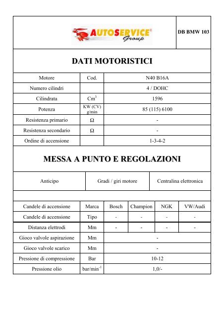 dati motoristici messa a punto e regolazioni - AutoService Group