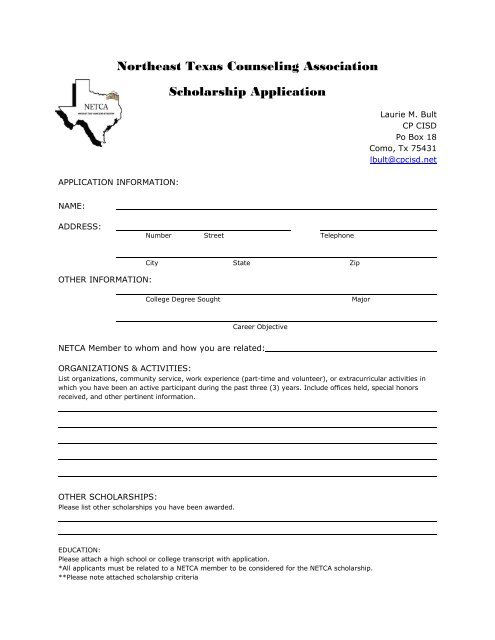 Northeast Texas Counseling Association Scholarship Application