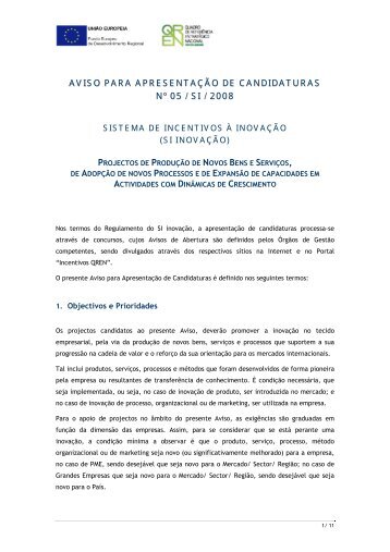 Aviso para Apresentação de Candidaturas n.º 05/SI/2008 - Qren