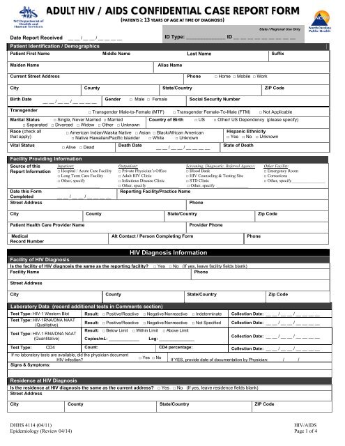 ADULT HIV / AIDS CONFIDENTIAL CASE REPORT FORM - Epi