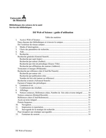 WEB OF SCIENCE : GUIDE SOMMAIRE D'UTILISATION