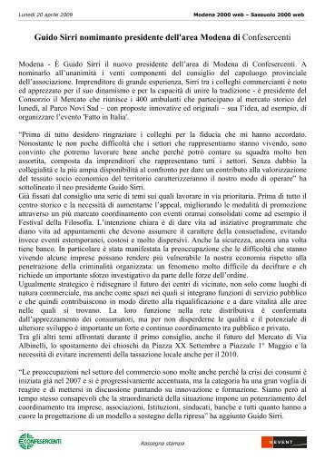 Guido Sirri nomimanto presidente dell'area Modena di Confesercenti