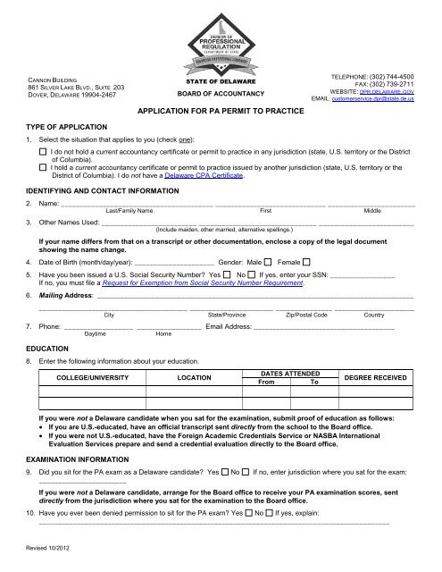 application for pa permit to practice - Division of Professional ...