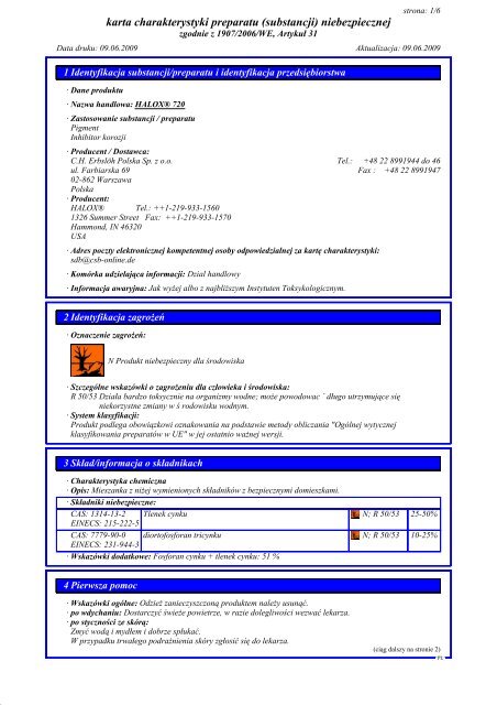 karta charakterystyki preparatu (substancji) niebezpiecznej - Halox