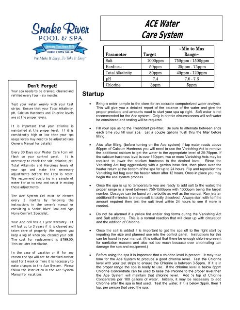 Baqua Spa Maintenance Chart