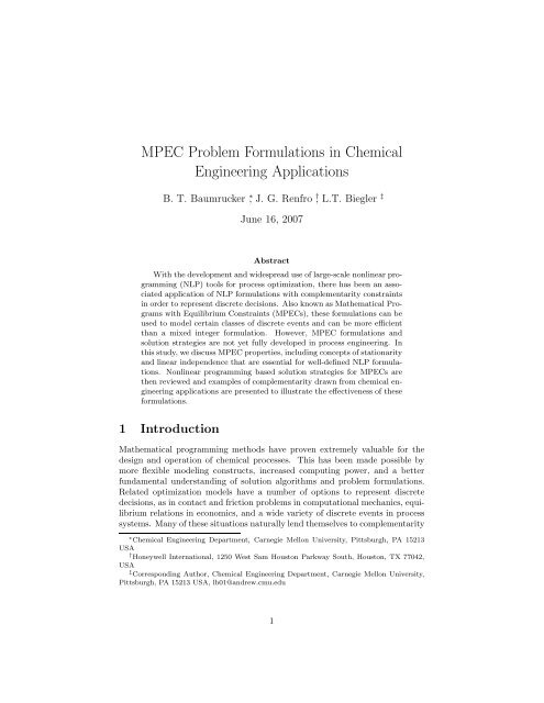 MPEC Problem Formulations in Chemical Engineering Applications