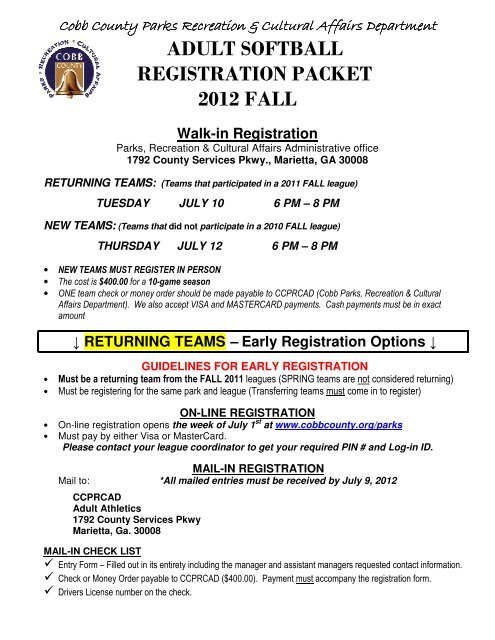 Adult Softball Registration Packet 2012 Fall Cobb County Parks