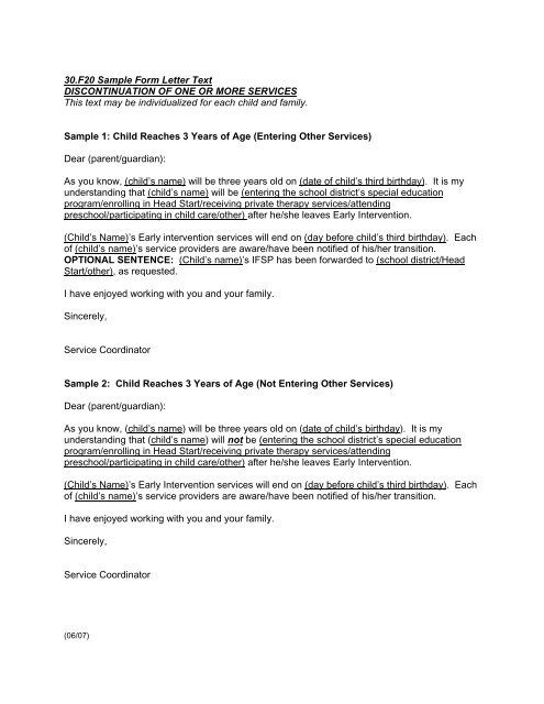 30.F20 Sample Form Letter Text DISCONTINUATION OF ONE OR ...