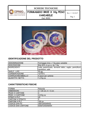 SCHEDE TECNICHE FORMAGGIO BRIE X 1Kg ... - Siqurcatering.it