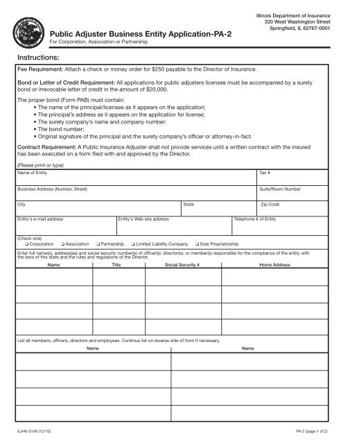 Public Adjuster Business Entity Application - Illinois Department of ...
