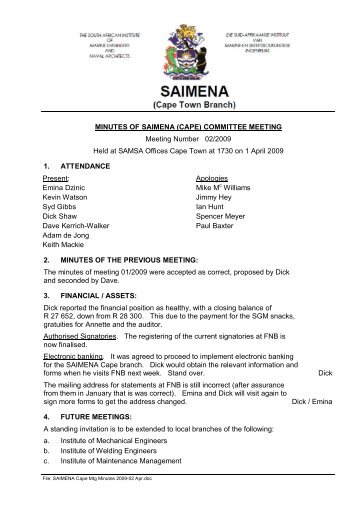 MINUTES OF SAIMENA (CAPE) COMMITTEE MEETING Meeting ...