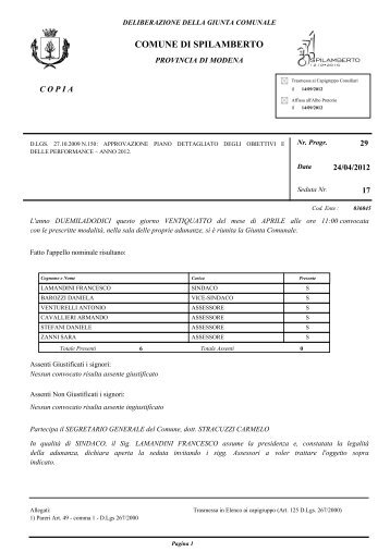 Piano della Performance anno 2012 - Comune di Spilamberto