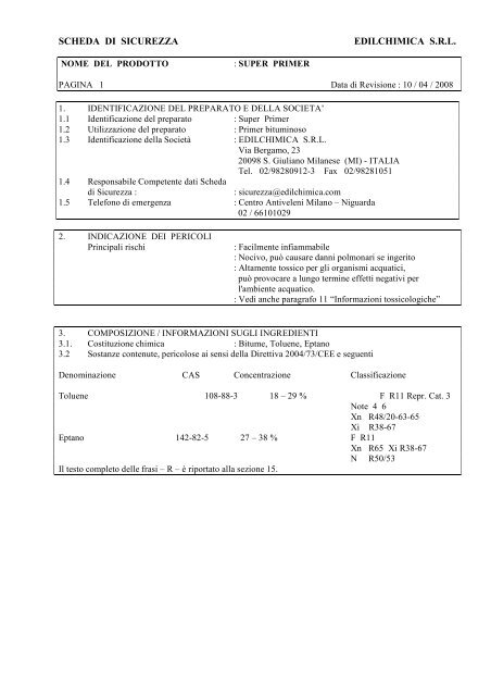 SCHEDA DI SICUREZZA EDILCHIMICA S.R.L.