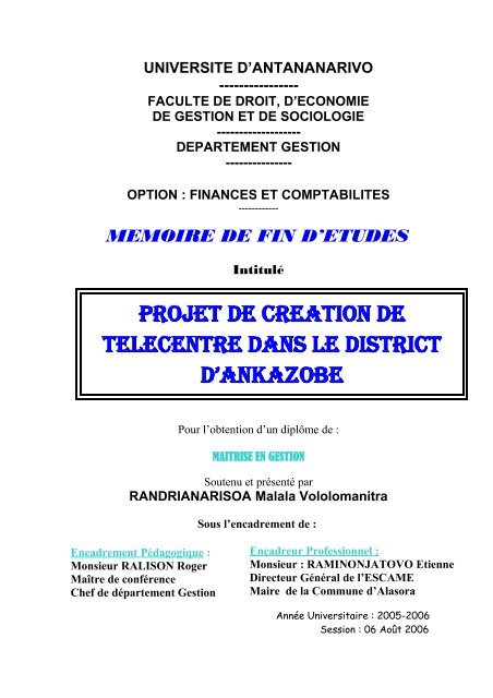 projet de creation de telecentre dans le district d'ankazobe - ThÃ¨ses ...