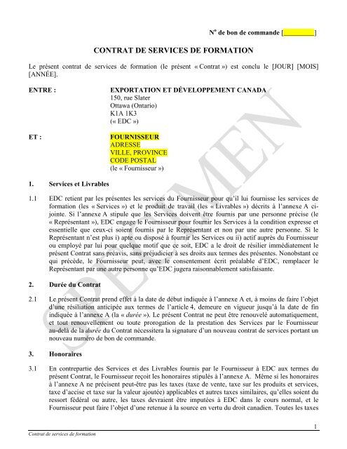 Contrat de services de formation - Specimen - Exportation et ... - EDC