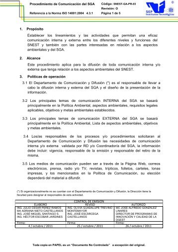 Procedimiento de Comunicación del SGA - Instituto Tecnológico de ...