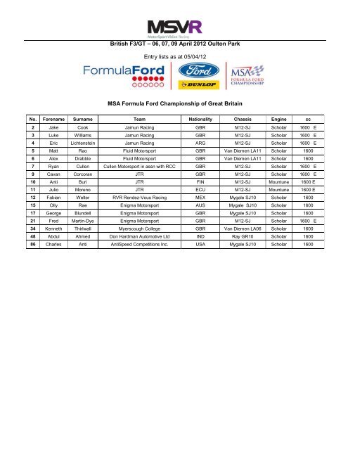 Avon Tyres British GT Championship - MotorSport Vision Racing