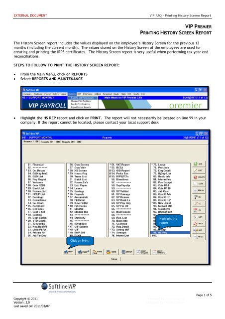 Premier - Printing the History Screen Report - VIP Payroll