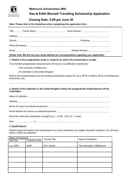 Application Form - Student Services - University of Melbourne