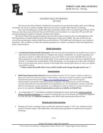 Cover Letter Student Health Service 2013-2014 - Forest Lake Area ...