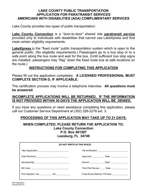 Application for Paratransit Services ADA ... - Lake County