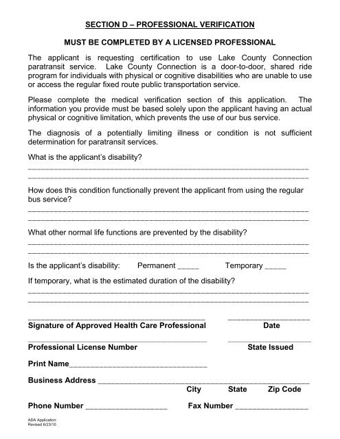 Application for Paratransit Services ADA ... - Lake County