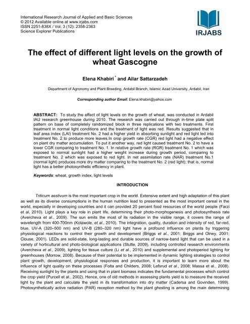 The effect of different light levels on the growth of wheat Gascogne